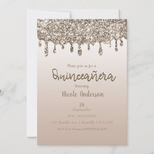 Invitación Dorado Champagne Brillo Goteo Glam Quinceañera 15 (Anverso)