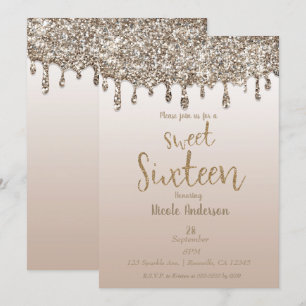 Invitación Dorado Champagne Brillo Goteo Glam Sweet 16 Diecis