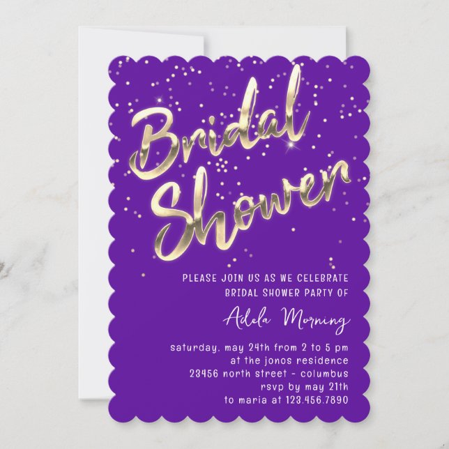 Invitación Dorado Confetti Bridal Shower Script Purple (Anverso)