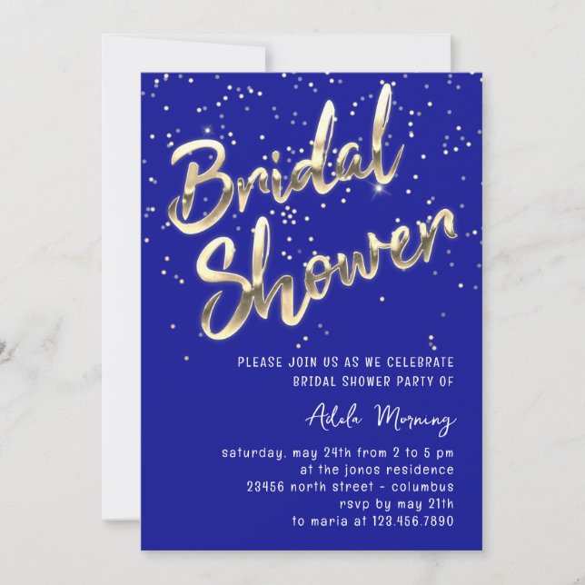 Invitación Dorado Confetti Brillante Guión Azul Real (Anverso)