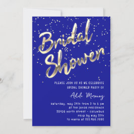 Invitación Dorado Confetti Brillante Guión Azul Real