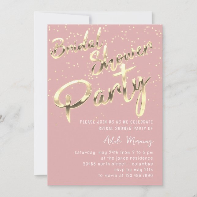 Invitación Dorado Confetti Brillante Guión de ducha Rosa (Anverso)