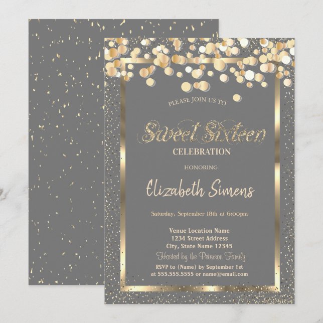 Invitación Dorado Confetti Dots Brown Sweet 16 (Anverso / Reverso)