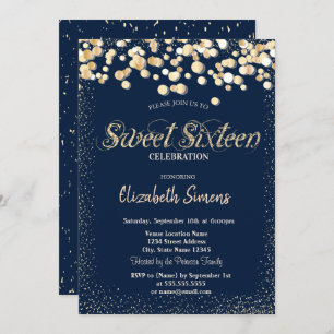 Invitación Dorado Confetti Dots Navy Blue Sweet 16