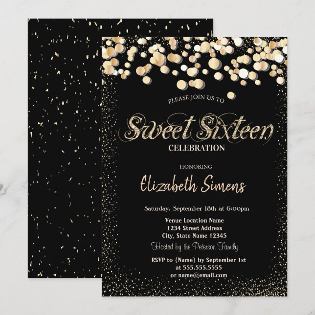Invitación Dorado Confetti Dots Princess Black Sweet 16 (Anverso / Reverso)