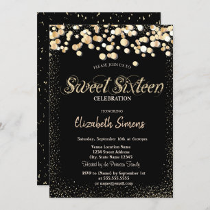 Invitación Dorado Confetti Dots Princess Black Sweet 16