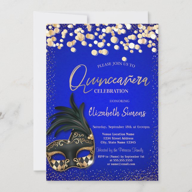 Invitación Dorado Confetti Masque Royal Blue Quinceañera (Anverso)