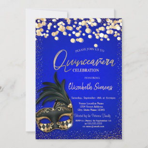 Invitación Dorado Confetti Masque Royal Blue Quinceañera