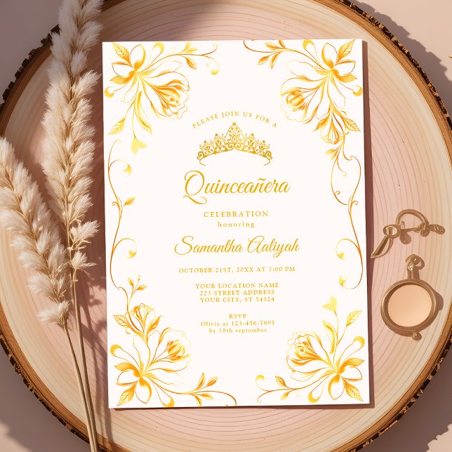 Invitación Dorado Crown Luxury Gold Floral Quinceañera (Subido por el creador)