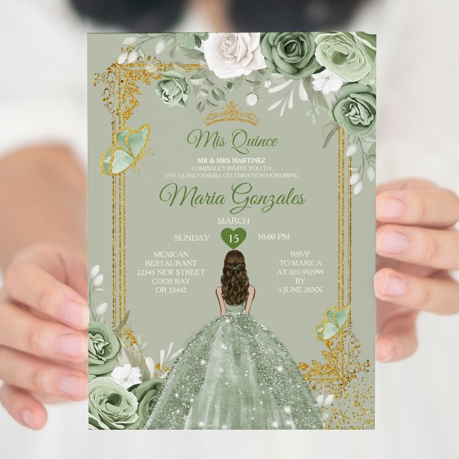 Invitación Dorado Crown Sage Green Mis Quince Vestidos 15 Ano (Subido por el creador)