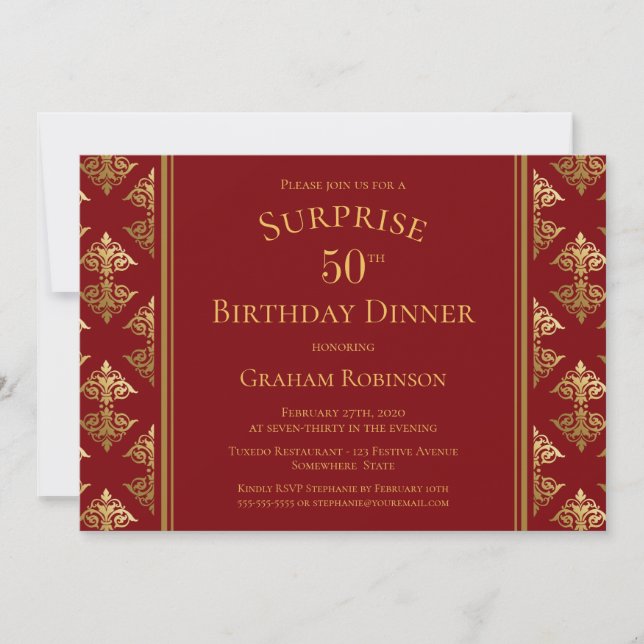 Invitación Dorado Damask Red Surprise Cena 50 Cumpleaños (Anverso)