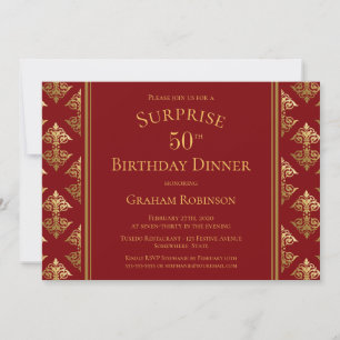 Invitación Dorado Damask Red Surprise Cena 50 Cumpleaños