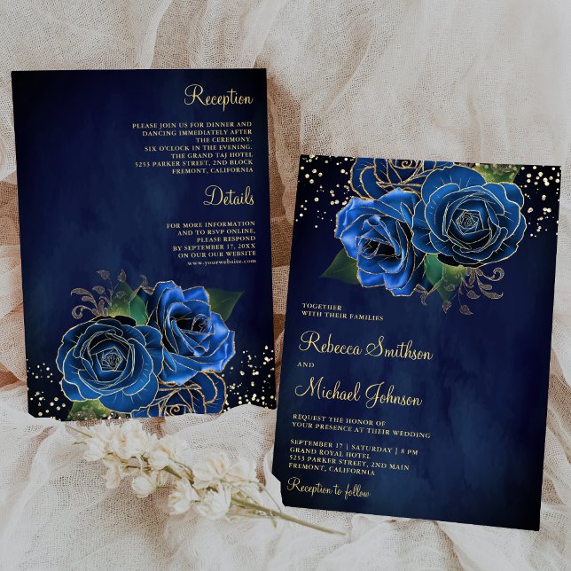 Invitación Dorado Dark Royal Floral Azul todo en un Boda (Subido por el creador)