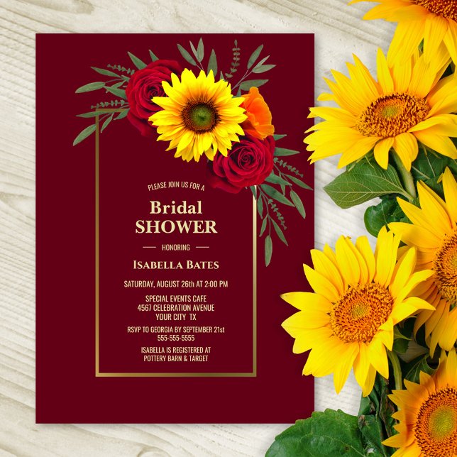Invitación Dorado de Borgoña Sunflower Red Rose Bridal Shower (Subido por el creador)