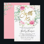 Invitación Dorado de color rosa Floral Greenery Dorado Dulce<br><div class="desc">Vegetación dorada con flores rosadas Dulce de 16 cumpleaños Invitación</div>
