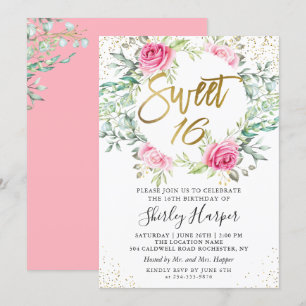Invitación Dorado de color rosa Floral Greenery Dorado Dulce