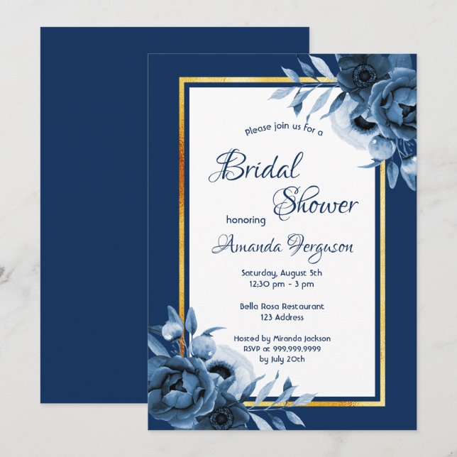 Invitación Dorado de flores azules azules de la marina Bridal (Anverso / Reverso)