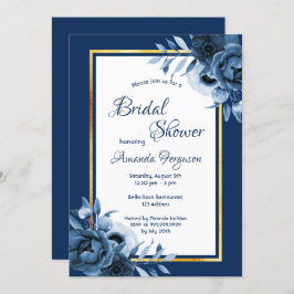 Invitación Dorado de flores azules azules de la marina Bridal