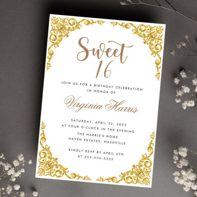 Invitación Dorado de lujo Ornate White Sweet 16 Cumpleaños (Subido por el creador)