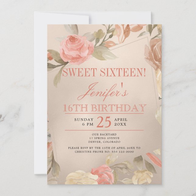 Invitación Dorado de lujo Peach Coral Floral Sweet Dieciséis (Anverso)