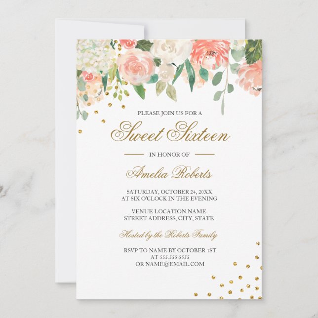 Invitación Dorado de melocotón con flores de acuarela para Sw (Anverso)
