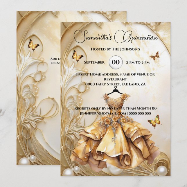 Invitación Dorado de Quinceañera lujosa perla florida (Anverso / Reverso)