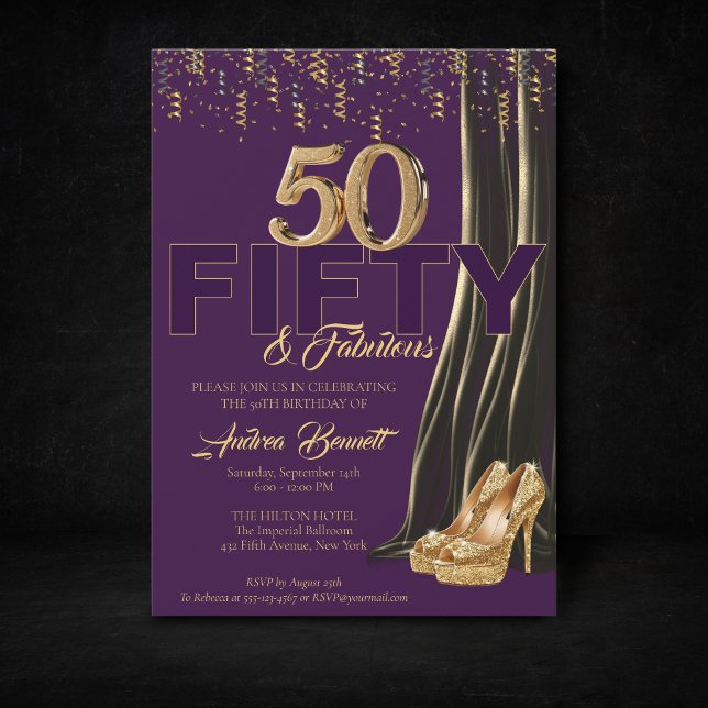 Invitación Dorado de tacón elegante morado 50 fabuloso cumple (Gold Purple 50th birthday invitation high heels)