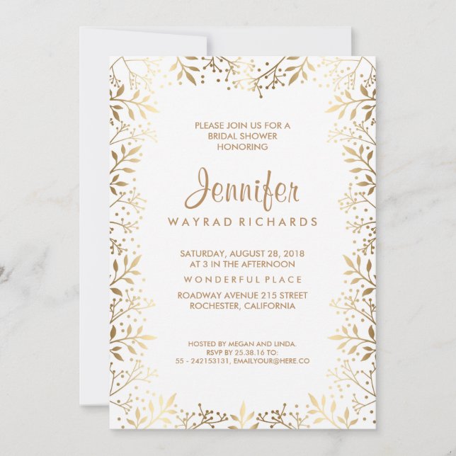 Invitación Dorado del bebé y ducha de novia blanca (Anverso)