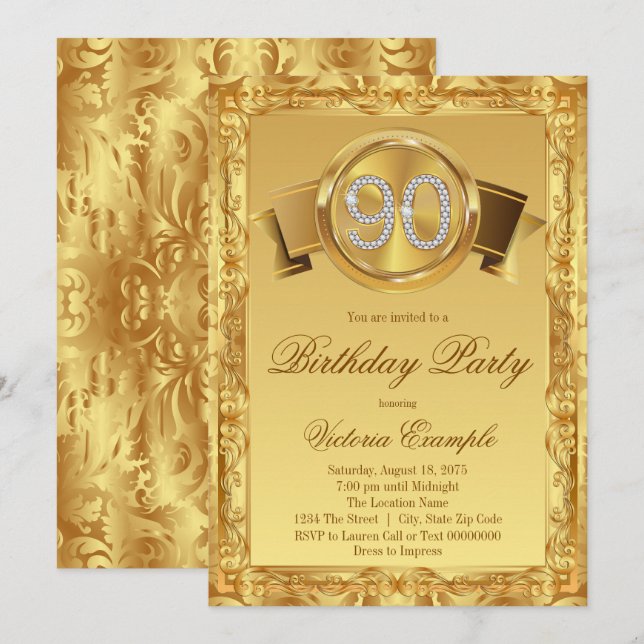Invitación Dorado Diamante mujeres 90 cumpleaños (Anverso / Reverso)