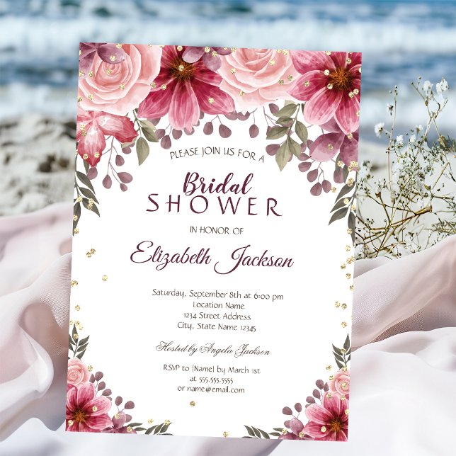 Invitación Dorado Diamantes Floral Borgoña Bridal Ducha (Subido por el creador)
