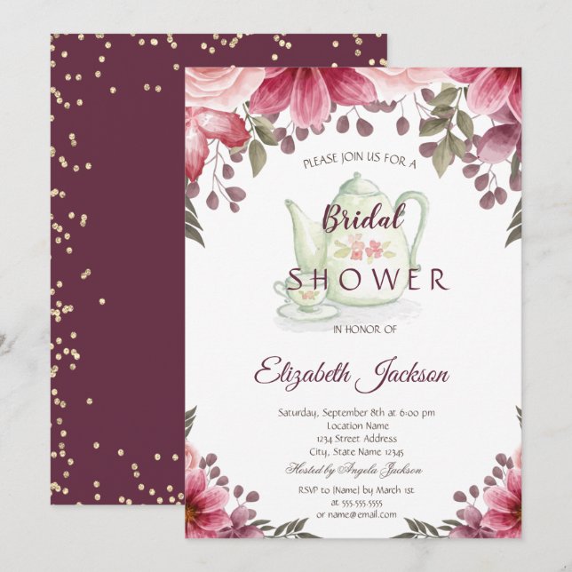 Invitación Dorado Diamantes Teapot Floral Borgoña Bridal Duch (Anverso / Reverso)