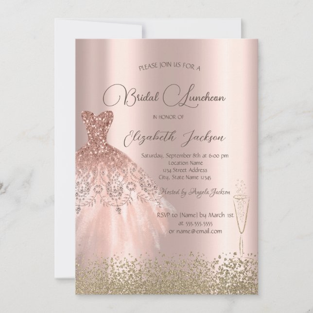 Invitación Dorado Diamantes Vestido Rosa Novia Luncheon (Anverso)