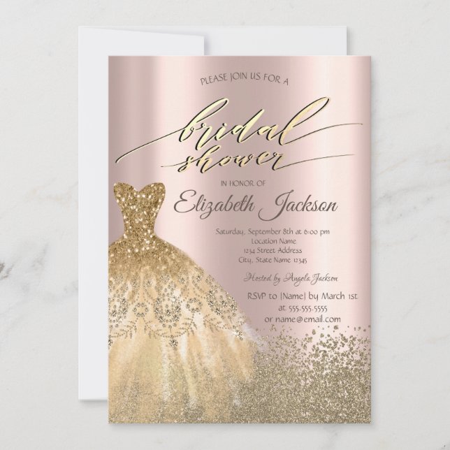 Invitación Dorado Diamantes Vestidos Rosa Ducha Nodal (Anverso)