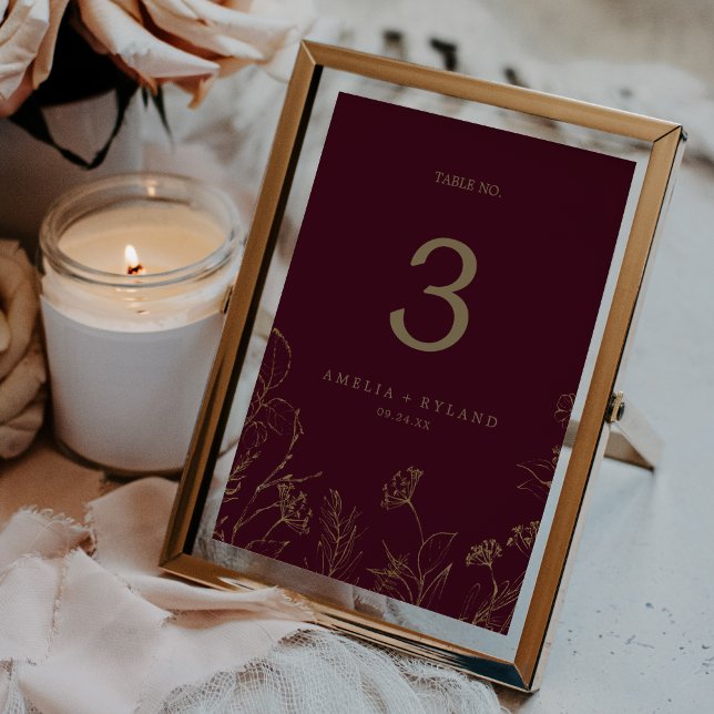 Invitación Dorado dorado Floral Imprimible Burgundy (Gilded Floral Printable Burgundy Gold Table Number)