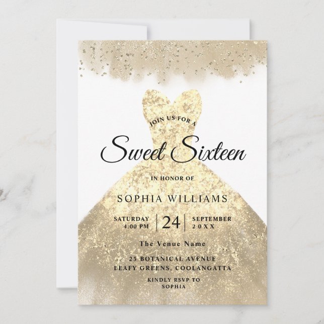 Invitación Dorado Dress Gold Sweet 16 Fiesta de cumpleaños (Anverso)