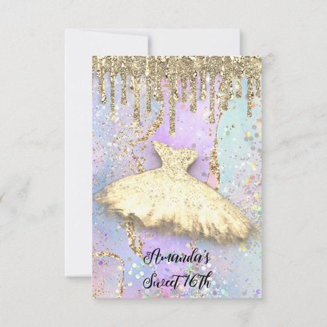 Invitación Dorado Drips Princes Vestidos Dulce Hológrafo 16 (Reverso)