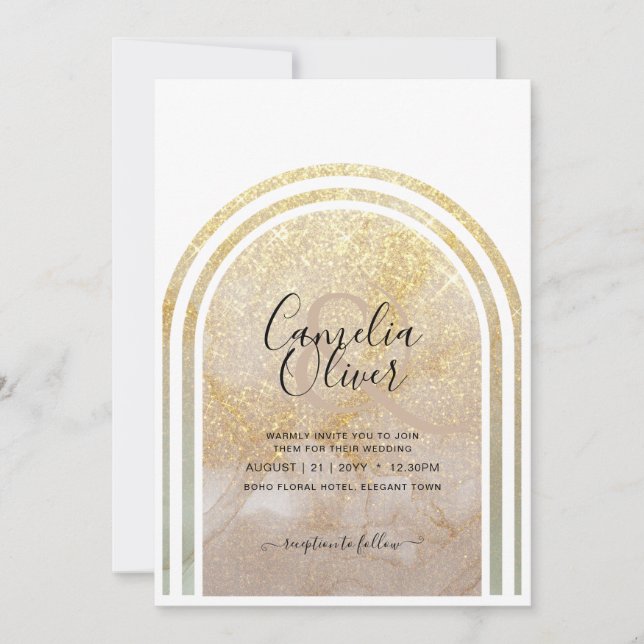 Invitación Dorado | Elegante Boda de Arco Purpurina de Oro (Anverso)