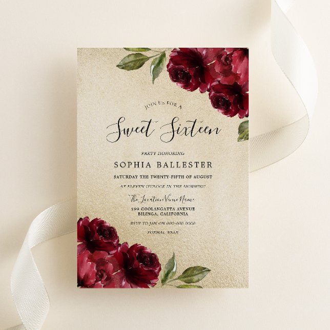 Invitación Dorado elegante Burgundy Flores Rojas Dulce 16 (Subido por el creador)