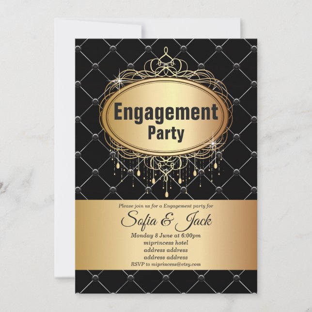 Invitación dorado, elegante , purpurina, partido de compromis (Anverso)