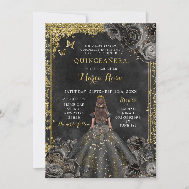 Invitación Dorado elegante real y Rosa negro Quinceañera (Anverso)