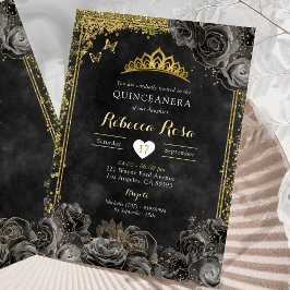 Invitación Dorado elegante real y Rosa negro Quinceañera