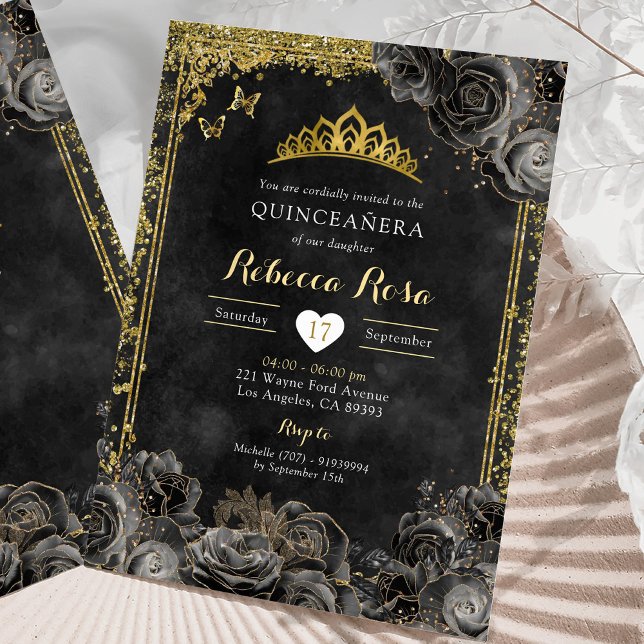 Invitación Dorado elegante real y Rosa negro Quinceañera (Subido por el creador)