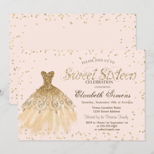 Invitación Dorado elegante Vestido Diamantes Crema Dulce 16 (Anverso / Reverso)