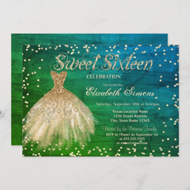 Invitación Dorado elegante Vestido Diamantes Dulce Verde 16 (Anverso / Reverso)