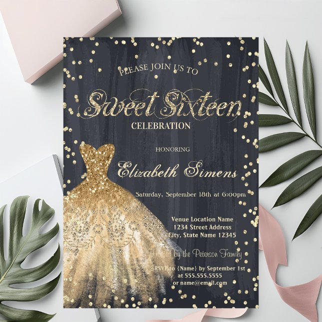 Invitación Dorado elegante Vestido Diamantes Negro Dulce 16 (Subido por el creador)