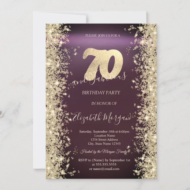 Invitación Dorado Esparkle Diamantes Borgoña 70 cumpleaños (Anverso)
