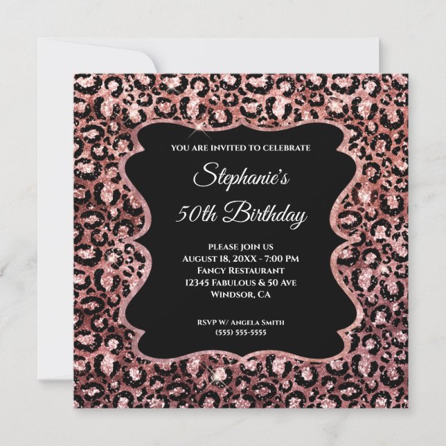 Invitación Dorado espumoso Rosa Glam Black Leopard 50 cumplea (Anverso)