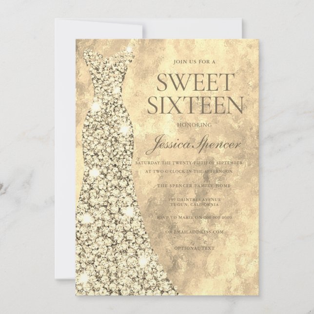 Invitación Dorado espumoso vestido Purpurina vestido dulce 16 (Anverso)