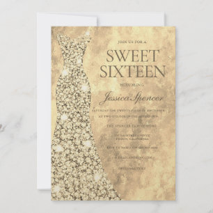 Invitación Dorado espumoso vestido Purpurina vestido dulce 16