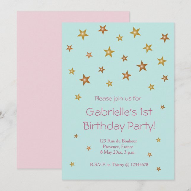 Invitación Dorado Estrellas Rosa Turquesa Dulce Bebé Niños Cu (Anverso / Reverso)